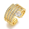 Rack Plating Brass Micro Pave Cubic Zirconia Heart Open Cuff Ring for Women RJEW-C082-06G-1