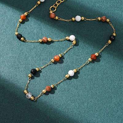 Natural Agate & Howlite & Synthetic Goldstone Faceted Round Bead 304 Stainless Steel Cable Chain Anklets for Women AJEW-G072-01G-1