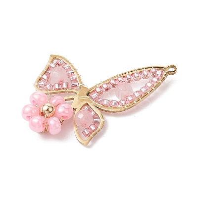 Natural Rose Quartz & Glass Seed Beads Pendants PALLOY-MZ00309-1