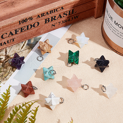 10Pcs 10 Colors Rose Quartz & Quartz Crystal & Amethyst & Picture Jaspe & Opalite & Turquoise & Blue Goldstone & Goldstone & Howlite & Malachite Gemstone Pendants G-SC0002-01-1