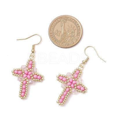 304 Stainless Steel Glass Seeds Cross Dangle Earrings EJEW-MZ00506-04-1