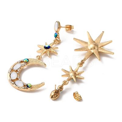 Rhinestone Moon & Star Asymmetrical Earrings EJEW-WH0004-56-1