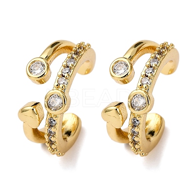 Brass Micro Pave Clear Cubic Zirconia C-Shaped with Heart Cuff Earrings LS-EJEW-D328-05G-02-1