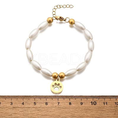 304 Stainless Steel Flat Round with Paw Print Charm Bracelets for Women BJEW-C098-11G-1