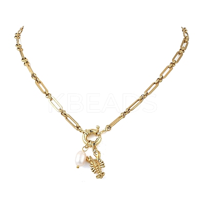 Ocean 304 Stainless Steel Lobster and Natural Pearl Bead Pendant Figaro Chain Necklaces for Women NJEW-JN06326-1
