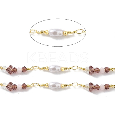 Brass Glass Bead Link Chains with ABS Imitation Pearl Beads CHS-P016-39G-05-1