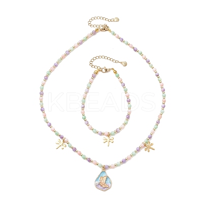 Natural Shell Bead & 304 Stainless Steel Dragonfly & 
Alloy Enamel Teardrop with Butterfly Pattern Pendant Necklace & Charm Bracelets Sets SJEW-JS01376-1