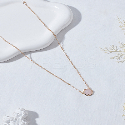 1Pc Brass Pave Natural Rose Quartz Hexagon Pendant Necklaces NJEW-LP0009-34-1