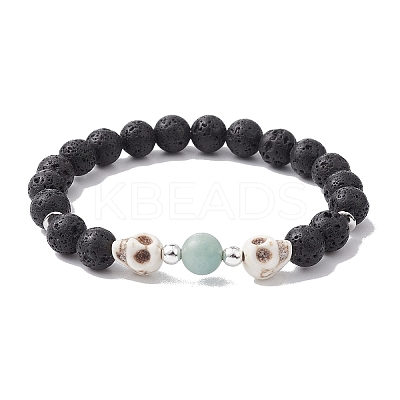 2Pcs 2 Style Skull & Cross & Round Natural & Synthetic Mixed Gemstone Beaded Stretch Bracelets Set BJEW-JB09519-1