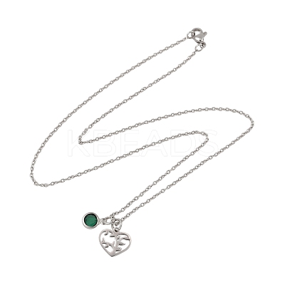 Valentine's Day 304 Stainless Steel & Green Glass Tree Heart Pendant Cable Chain Necklaces for Women NJEW-FS00014-05-1