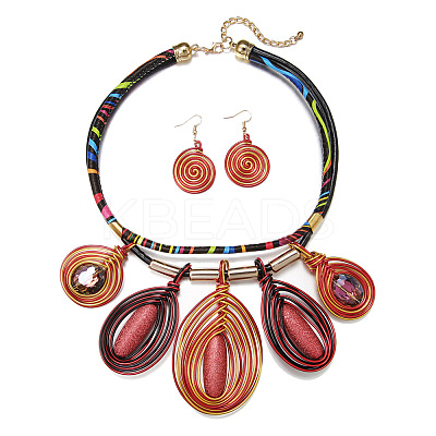 Aluminum Wire Wrapped Resin Beaded Oval Pendant Necklaces & Flat Round Dangle Earrings Sets WGF604D-01-1