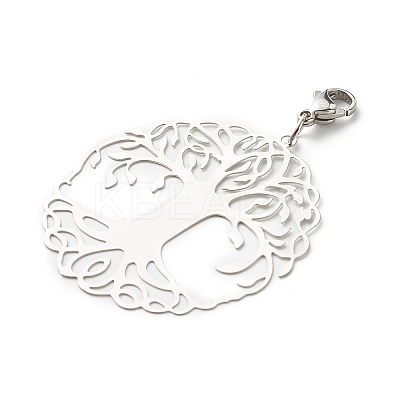 Tarnish Resistant Flat Round with Tree of Life 201 Stainless Steel Filigree Pendant Decorations LS-X-HJEW-JM00573-03-1