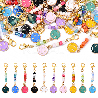 30Pcs 10 Styles Smiling Face Alloy Enamel & Glass Seed Pendant Decorations HJEW-YW00143-1