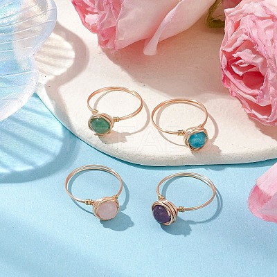 4Pcs 4 Styles Round Natural Green Aventurine & Amethyst & Hemimorphite & Rose Quartz Finger Rings Sets RJEW-TA00147-1