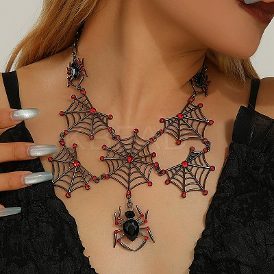 Halloween Spider Web Alloy Siam Rhinestone Bib Necklaces for Women LS-NJEW-P340-01B-1