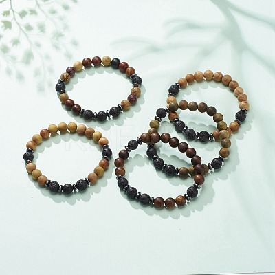 Natural Lava Rock & Wood Beaded Stretch Bracelet BJEW-JB08534-02-1