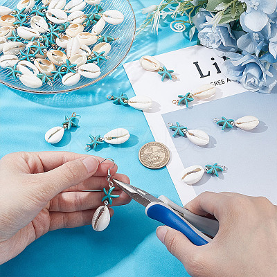40Pcs 2 Colors Natural Cowrie Shell & Synthetic Turquoise Starfish Pendants PALLOY-HY00105-1