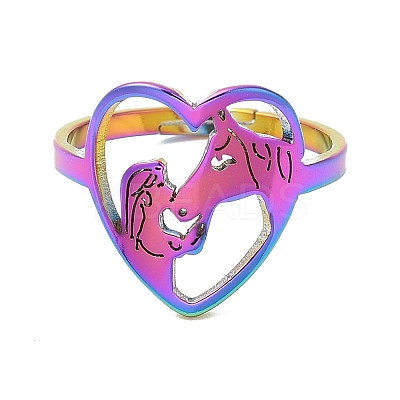 Ion Plating(IP) 304 Stainless Steel Heart with Horse Adjustable Ring for Women RJEW-M149-20RC-1