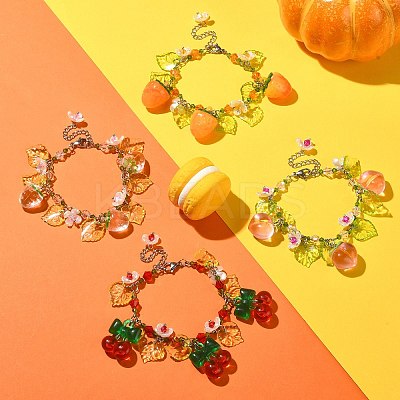 Glass & Resin & Acrylic Flower Charm Bracelet BJEW-JB09435-1