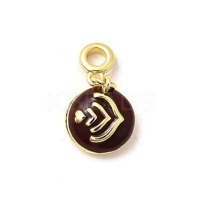Brass Coconut Brown Enamel Flat Round with Heart European Dangle Charms KK-C113-05G-1