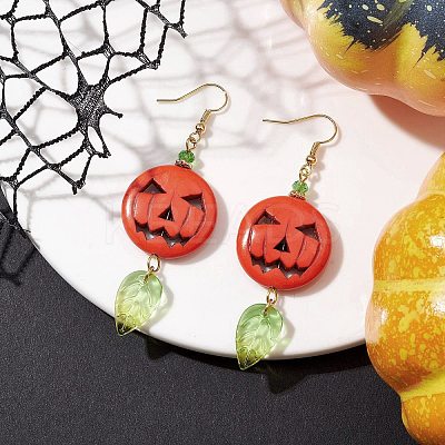 Synthetic Turquoise Pumpkin & Glass Leaf Dangle Earrings EJEW-TA00408-1