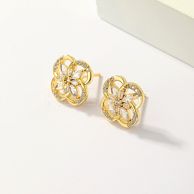 Fashion Casual Brass Pave Clear Cubic Zirconia Flower Stud Earrings FV1607-1