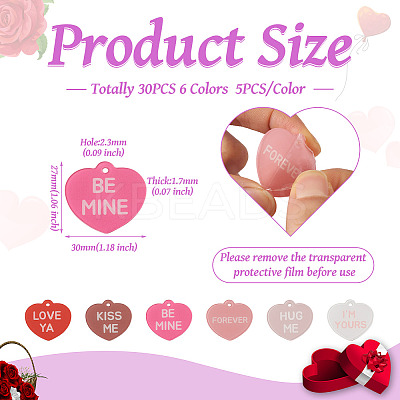 30Pcs 6 Colors Valentine's Day Opaque Acrylic Pendants SACR-BT0001-03-1