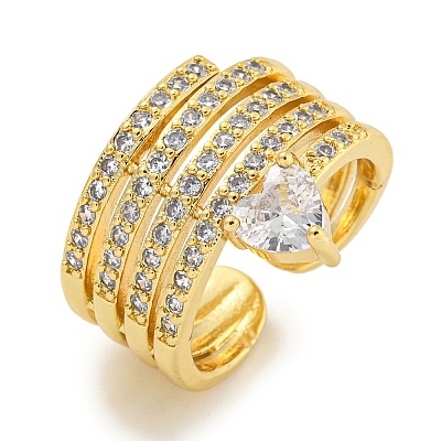 Rack Plating Brass Micro Pave Cubic Zirconia Heart Open Cuff Ring for Women RJEW-C082-06G-1