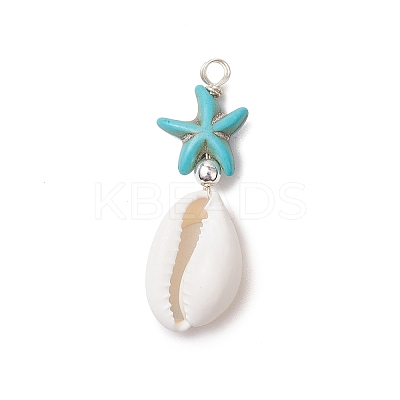 2Pcs 2 Colors Cowrie Shell & Synthetic Turquoise Starfish Pendants PALLOY-JF03407-1