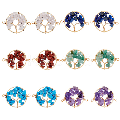 12Pcs 6 Styles Natural & Synthetic Mixed Gemstone Chip Tree of Life Connector Charms FIND-HY0002-71-1