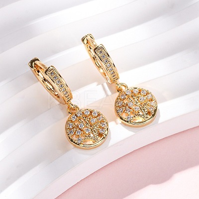 Flat Round with Tree Brass Micro Pave Clear Cubic Zirconia Hoop Earrings EJEW-F384-10G-1