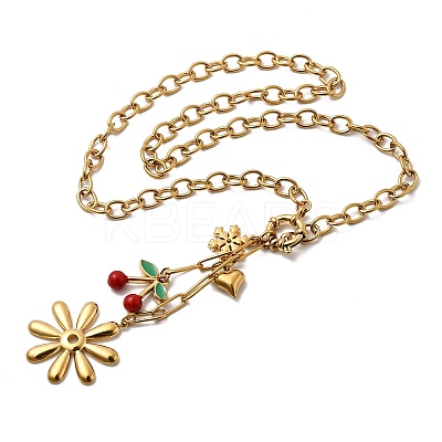 304 Stainless Steel Enamel Red Cherry Flower Heart Pendant Necklaces for Women NJEW-G181-11G-1