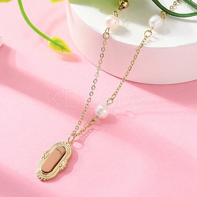 304 Stainless Steel & Natural Pearl & Synthetic Turquoise Oval Pendant Necklaces for Women NJEW-A045-23G-1