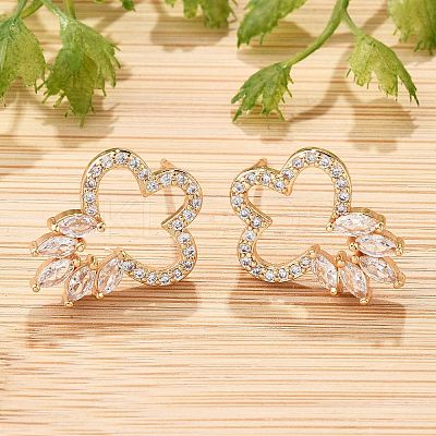Flower Brass Micro Pave Clear Cubic Zirconia Stud Earrings for Women EJEW-G428-18G-02-1