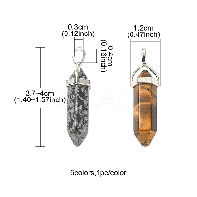 5Pcs 5 Styles Natural Mixed Gemstone Double Terminated Pointed Pendants G-YW0001-45-1