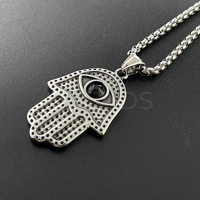 Retro Punk Style 304 Stainless Steel Jet Rhinestone Hamsa Hand Pendant Necklaces for Hip-hop Fashion Men JT3718-1