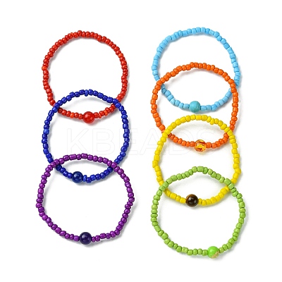 7Pcs 7 Style Natural & Synthetic Mixed Gemstone & Glass Seed Beaded Stretch Bracelets Set BJEW-JB09659-1