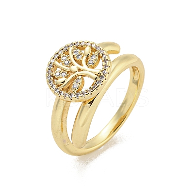 Rack Plated Brass Micro Pave Clear Cubic Zirconia Round with Tree of Life Finger Rings for Women RJEW-Z039-02G-1-1