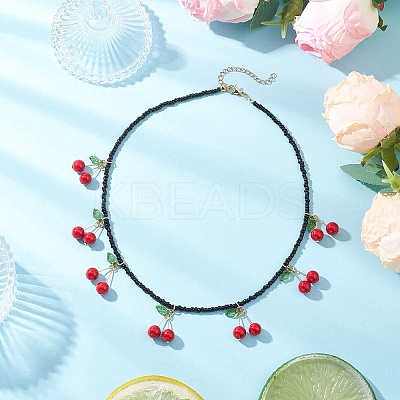 Natural Dyed Mashan Jade Red Cherry Pendant Glass Seed Beaded Necklaces for Women NJEW-TA00211-02-1