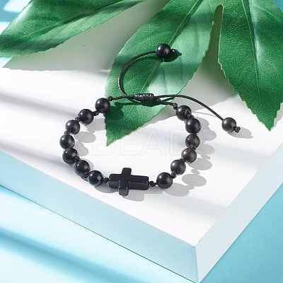 Round Natural Wood Beaded Bracelet for Men Women BJEW-JB06904-1