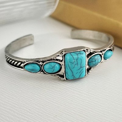 Square Alloy Synthetic Turquoise Cuff Bangles for Women WGCD943-02-1