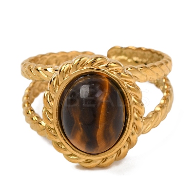 Oval Natural Tiger Eye Finger Rings RJEW-Q822-25G-01-1