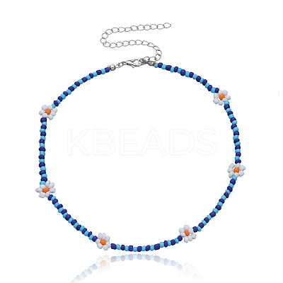 Bohemian Daisy Flower Glass Seed Beaded Necklaces with Alloy End Chains FS-WGC49A6-11-1