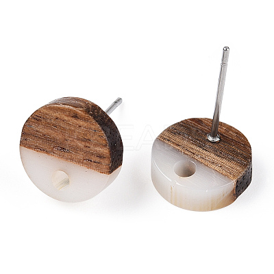 Opaque Resin & Walnut Wood Flat Round Stud Earrings EJEW-TAC0021-17A-01-1