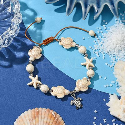 Starfish & Turtle Synthetic Turquoise Braided Beaded Bracelets BJEW-JB10926-04-1