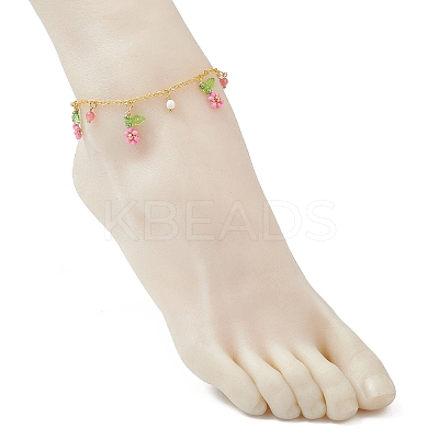 Faceted Round Natural Howlite & Glass Seed Beaded Flower Tassel Brass Cable Chain Anklets for Women AJEW-MZ00007-02-1