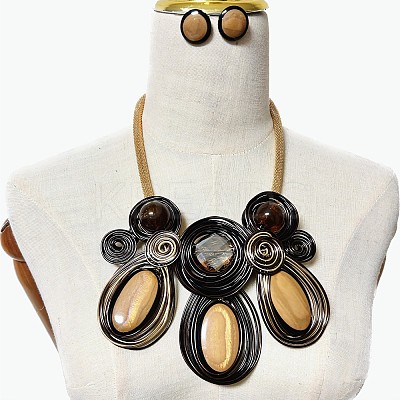 Aluminum Wire Wrapped Resin Beaded Oval Pendant Necklaces & Flat Round Stud Earrings Sets WG92AA6-01-1