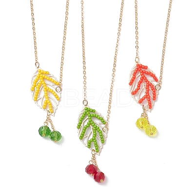 3Pcs 3 Colors Handmade Glass Seed Beaded Leaf Shape Pendants Brass Cable Chain Necklaces for Women NJEW-MZ00127-1