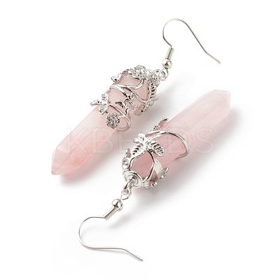Natural Rose Quartz Bullet with Flower Dangle Earrings EJEW-G300-02P-01-1