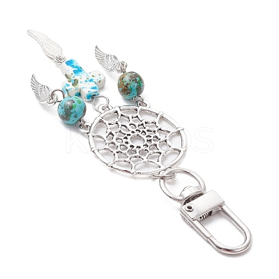 4Pcs Woven Net/Web with Wing Alloy & Synthetic Turquoise Cross Round Pendant Decoration HJEW-JM03055-1